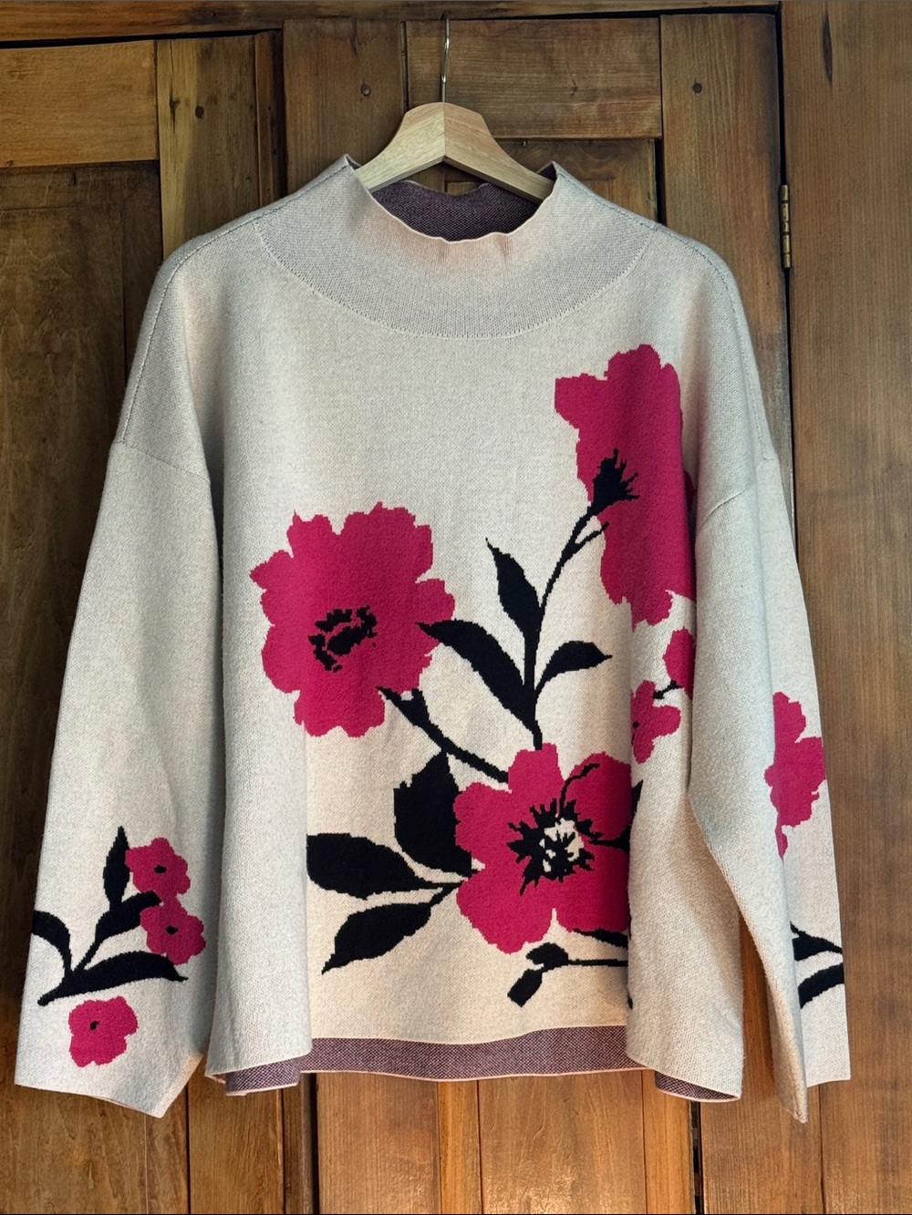 Maeve 2X Cream High Neck Sweater with Magenta Floral Intarsia